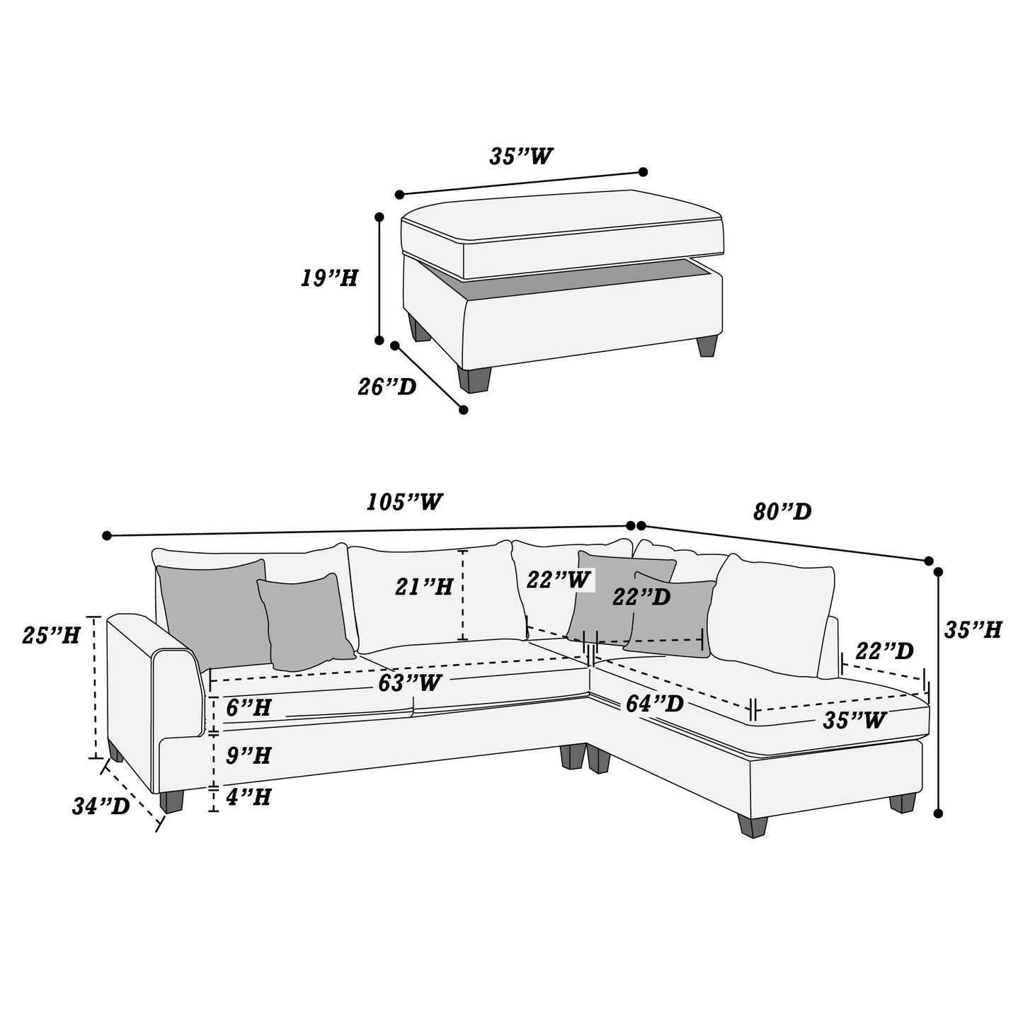 Steel 3-Pcs Sectional Sofa 6542