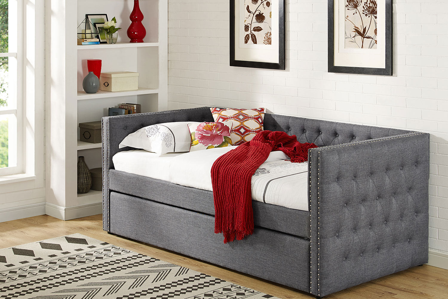 Twin Day Bed & Trundle - Grey Linen