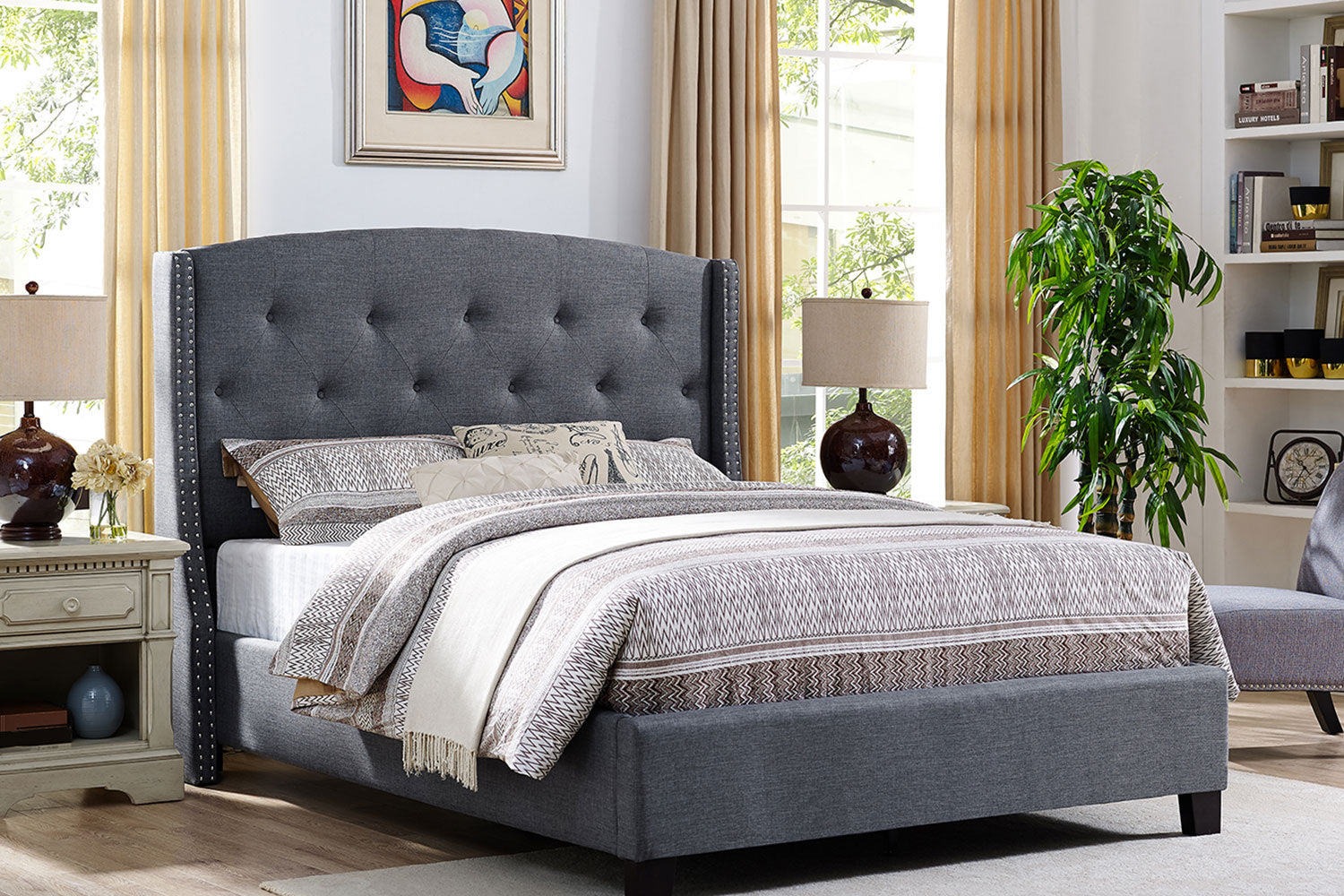 Queen Bed - Grey Linen