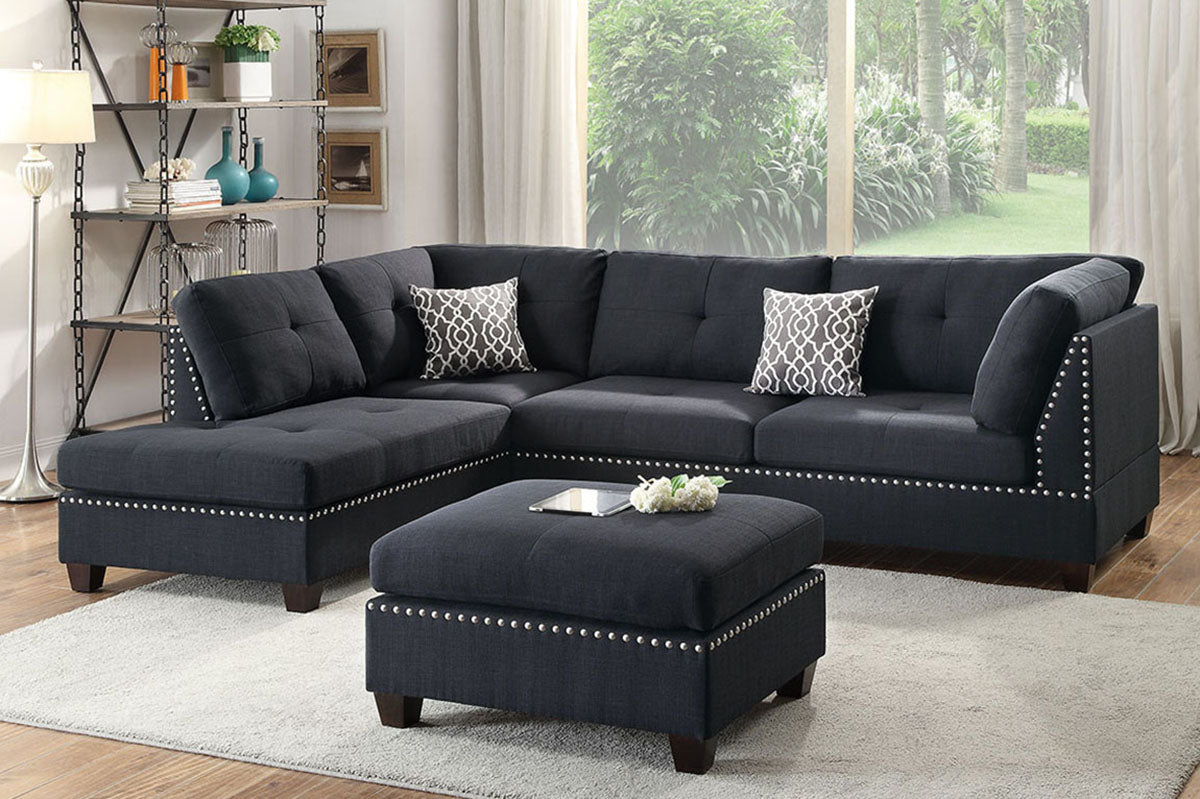 Black 3pc Sectional and Ottoman Set F6974 Poundex