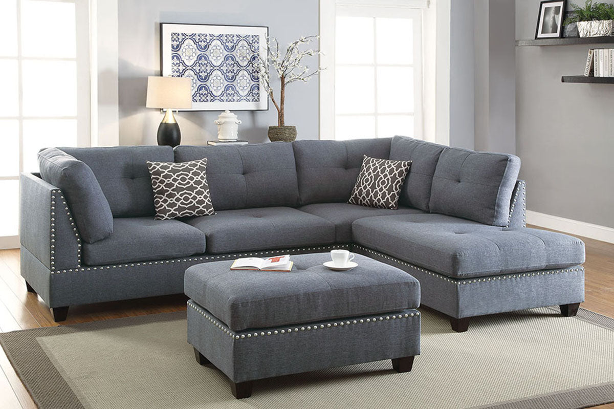 Grey 3pc Sectional and Ottoman Set F6975 Poundex